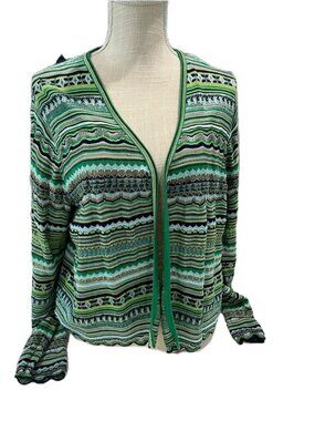 Chico's Green Multi-Pattern Open-Front Cardigan